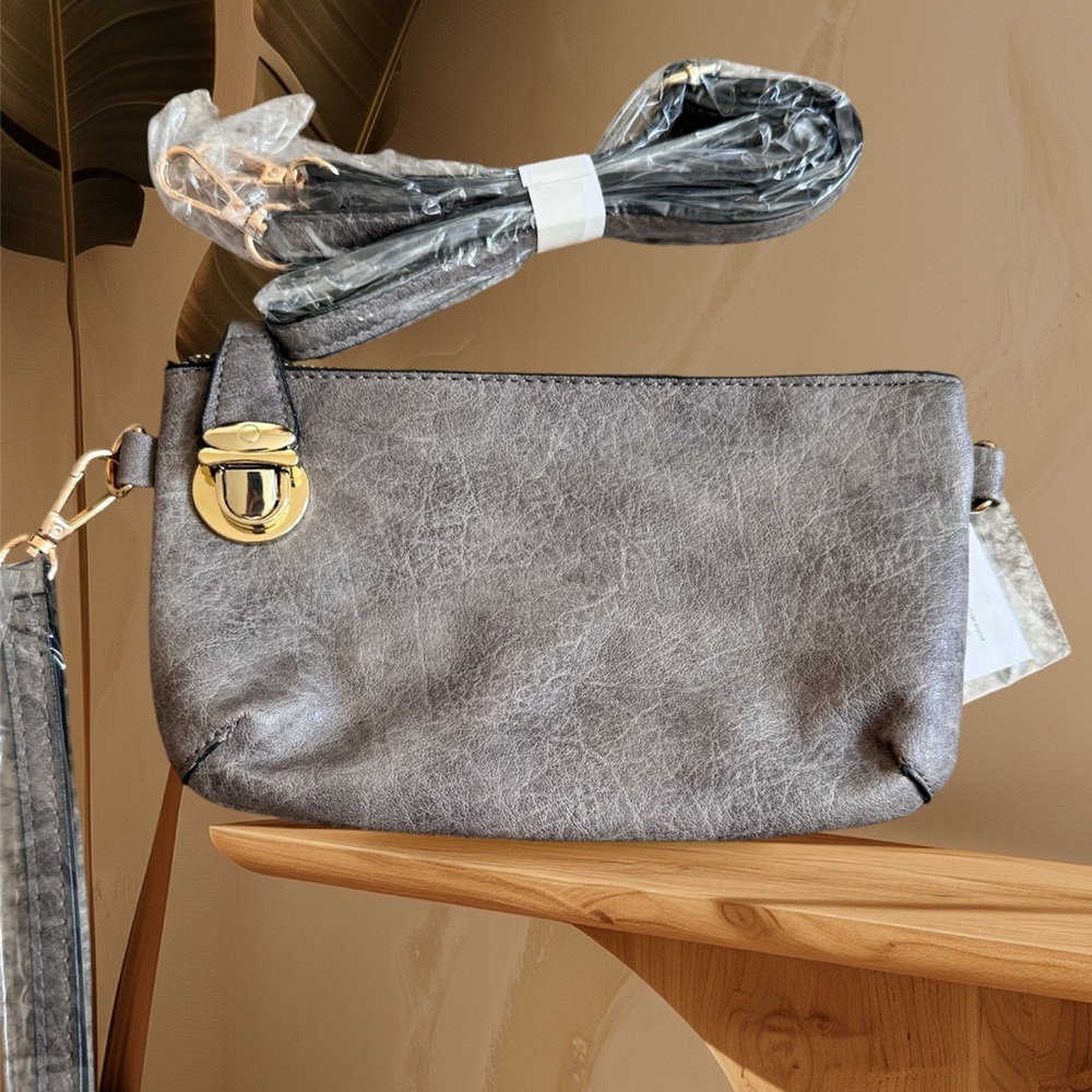 Gray Faux Leather Zip Top Wristlet Crossbody